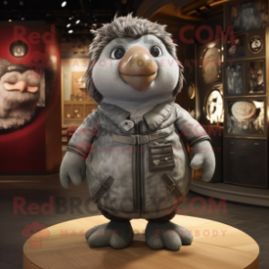 Gray Quail mascot costume character dressed with a Bomber Jacket and Hairpins