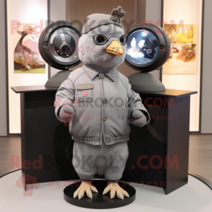 Gray Quail mascot costume character dressed with a Bomber Jacket and Hairpins