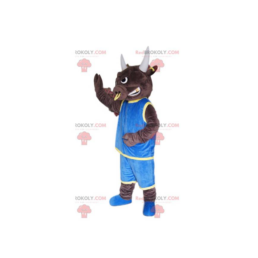 Mascotte de taureau avec un anneau et un maillot bleu - Mascotte de taureau avec un anneau et un maillot bleu -