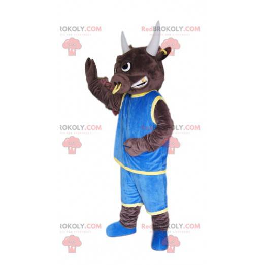 Mascotte del toro con un anello e una maglia blu -