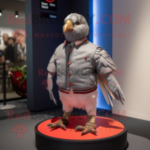 Gray Quail mascot costume character dressed with a Bomber Jacket and Hairpins