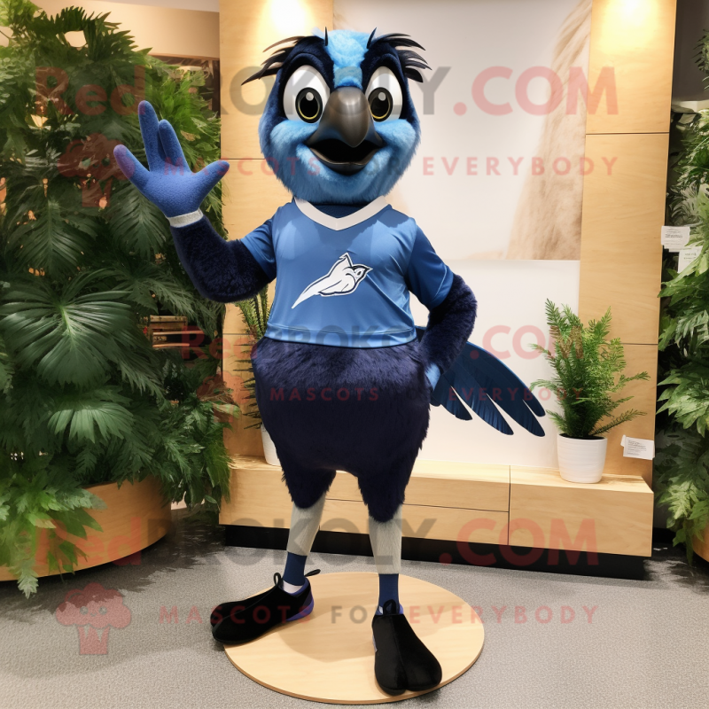 Navy Blue Jay mascot costume character dressed with a Running Shorts and Hair clips Navy Blue Jay mascot costume character dressed with a Running Shorts and Hair clips