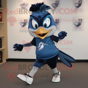 Navy Blue Jay mascot costume character dressed with a Running Shorts and Hair clips