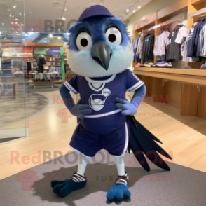 Navy Blue Jay mascot costume character dressed with a Running Shorts and Hair clips