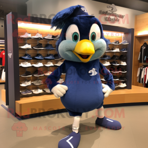 Navy Blue Jay mascot costume character dressed with a Running Shorts and Hair clips