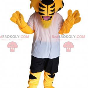 Mascote tigre super entusiasmado com roupas esportivas -