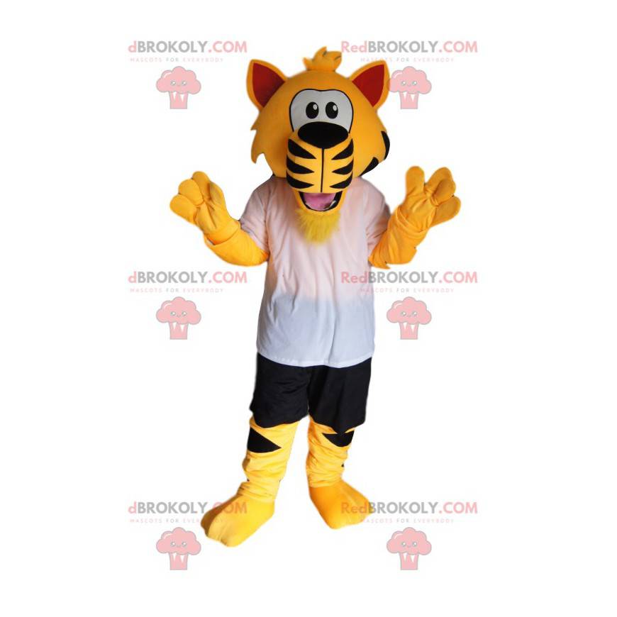 Mascotte tigre super entusiasta con abbigliamento sportivo -