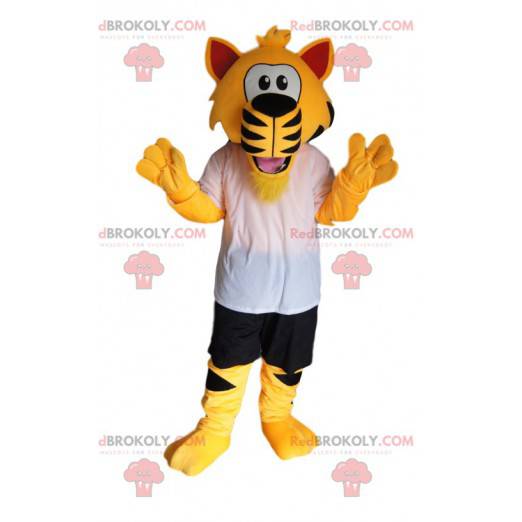 Mascote tigre super entusiasmado com roupas esportivas -
