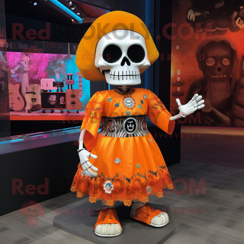 Orange Skull mascot costume character dressed with a Midi Dress and Cummerbunds Orange Skull mascot costume character dressed with a Midi Dress and Cummerbunds