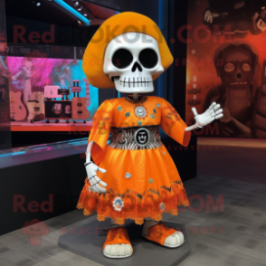 Orange Skull mascot costume character dressed with a Midi Dress and Cummerbunds