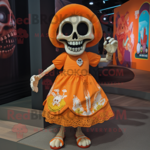 Orange Skull mascot costume character dressed with a Midi Dress and Cummerbunds