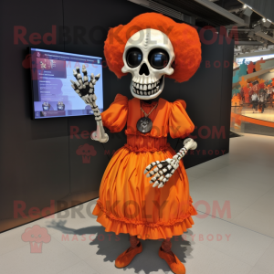 Orange Skull mascot costume character dressed with a Midi Dress and Cummerbunds