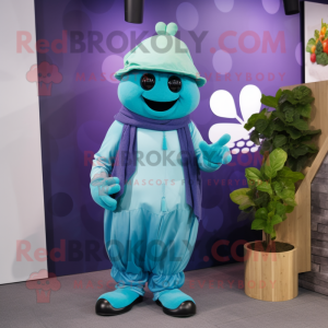 Cyan Grape mascot costume character dressed with a Waistcoat and Beanies