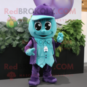 Cyan Grape mascot costume character dressed with a Waistcoat and Beanies