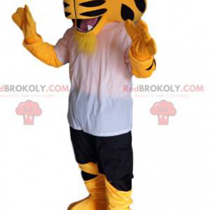 Super entuzjastyczna maskotka tygrysa w odzieży sportowej -