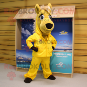 Yellow Horse mascot costume character dressed with a Board Shorts and Pocket squares