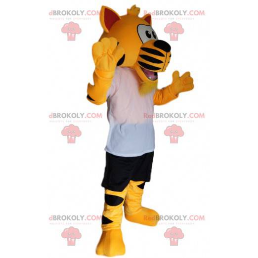 Mascota tigre súper entusiasta con ropa deportiva. -
