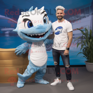 White Barracuda mascot costume character dressed with a Boyfriend Jeans and Watches