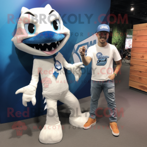 White Barracuda mascot costume character dressed with a Boyfriend Jeans and Watches