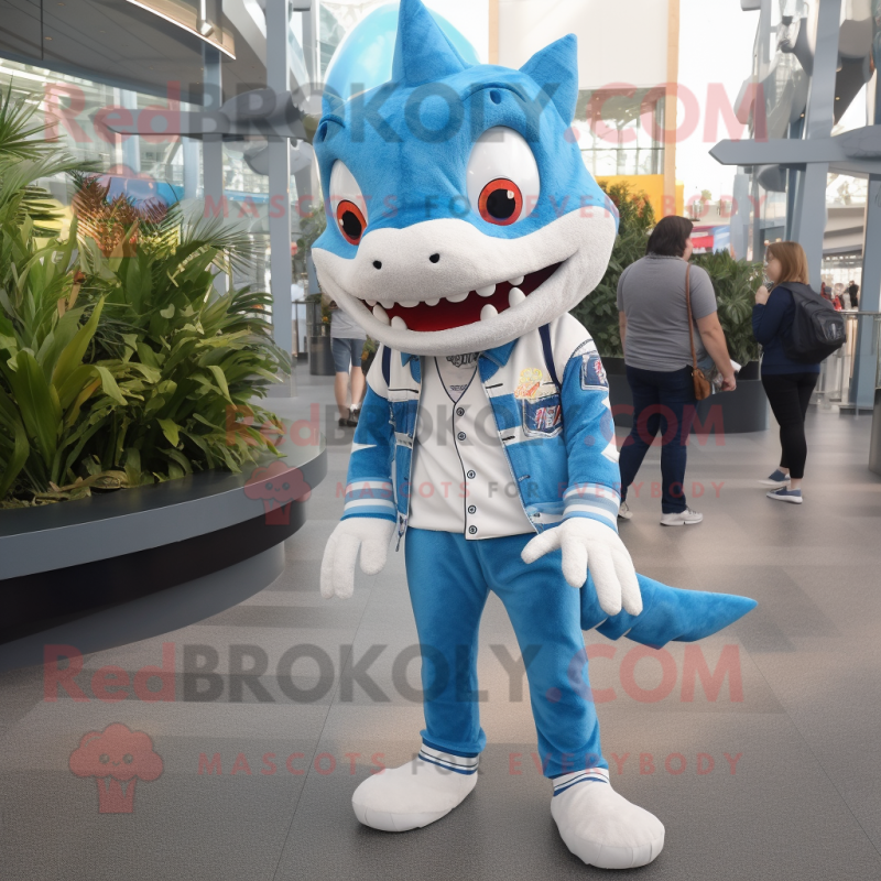 White Barracuda mascot costume character dressed with a Boyfriend Jeans and Watches