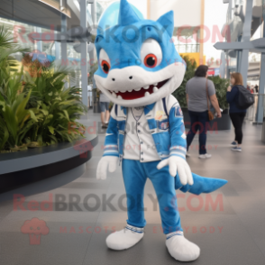 White Barracuda mascot costume character dressed with a Boyfriend Jeans and Watches