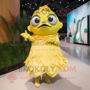 Lemon Yellow Piranha mascot costume character dressed with a Midi Dress and Gloves