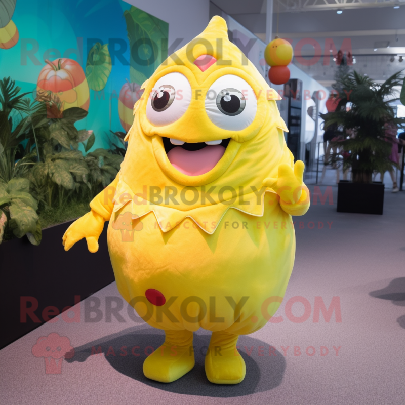 Lemon Yellow Piranha mascot costume character dressed with a Midi Dress and Gloves