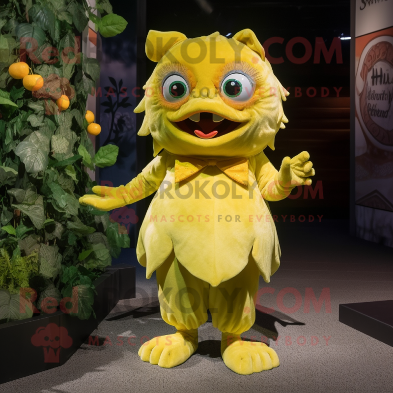 Lemon Yellow Piranha mascot costume character dressed with a Midi Dress and Gloves Lemon Yellow Piranha mascot costume character dressed with a Midi Dress and Gloves