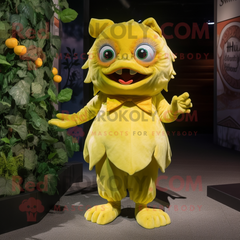 Lemon Yellow Piranha mascot costume character dressed with a Midi Dress and Gloves