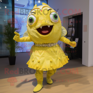 Lemon Yellow Piranha mascot costume character dressed with a Midi Dress and Gloves