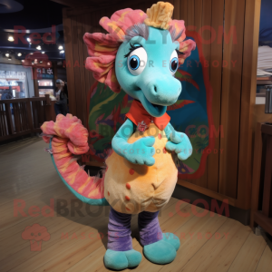 nan Seahorse mascot costume character dressed with a Corduroy Pants and Shoe clips