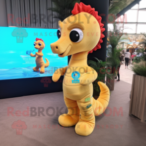 nan Seahorse mascot costume character dressed with a Corduroy Pants and Shoe clips