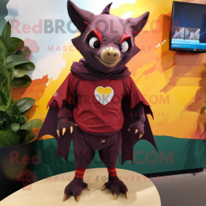 Maroon Fruit Bat mascot costume character dressed with a Rash Guard and Shoe laces