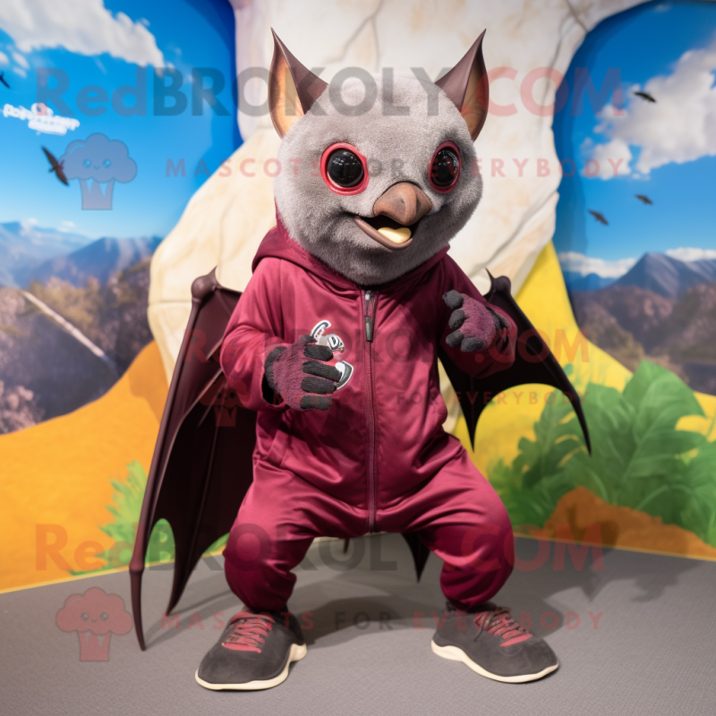 Maroon Fruit Bat mascot costume character dressed with a Rash Guard and Shoe laces