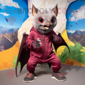 Maroon Fruit Bat mascot costume character dressed with a Rash Guard and Shoe laces