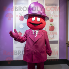 Magenta Apple mascot costume character dressed with a Suit Jacket and Hat pins