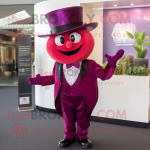 Magenta Apple mascot costume character dressed with a Suit Jacket and Hat pins