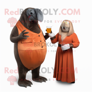 Rust Walrus mascot costume character dressed with a Cocktail Dress and Watches
