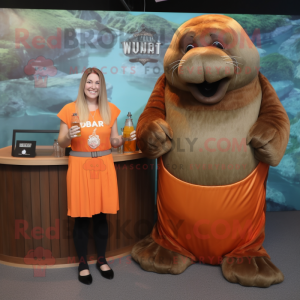 Rust Walrus mascot costume character dressed with a Cocktail Dress and Watches