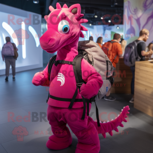 Magenta Sea Horse mascot costume character dressed with a Sweatshirt and Backpacks