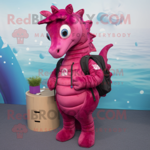 Magenta Sea Horse mascot costume character dressed with a Sweatshirt and Backpacks