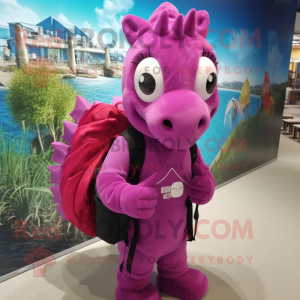 Magenta Sea Horse mascot costume character dressed with a Sweatshirt and Backpacks