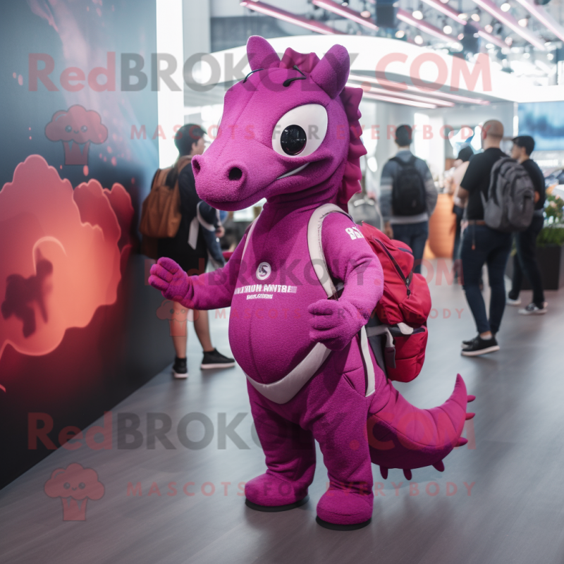 Magenta Sea Horse mascot costume character dressed with a Sweatshirt and Backpacks Magenta Sea Horse mascot costume character dressed with a Sweatshirt and Backpacks