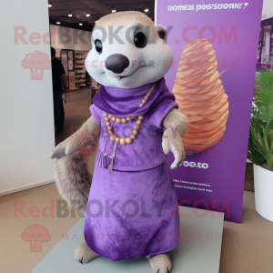 Lavender Mongoose mascot costume character dressed with a Dress and Keychains