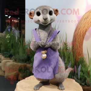 Lavender Mongoose mascot costume character dressed with a Dress and Keychains