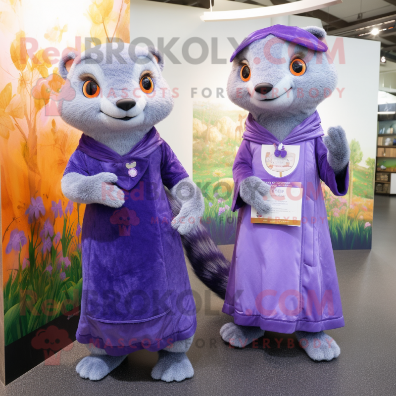 Lavender Mongoose mascot costume character dressed with a Dress and Keychains