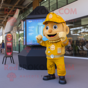 Gold Fire Fighter mascot costume character dressed with a Romper and Digital watches