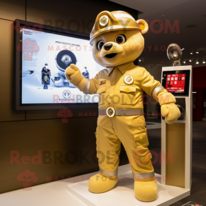 Gold Fire Fighter mascot costume character dressed with a Romper and Digital watches