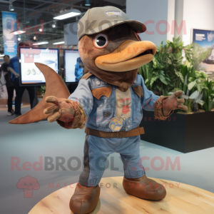 Brown Swordfish mascot costume character dressed with a Bootcut Jeans and Berets