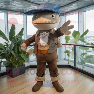 Brown Swordfish mascot costume character dressed with a Bootcut Jeans and Berets